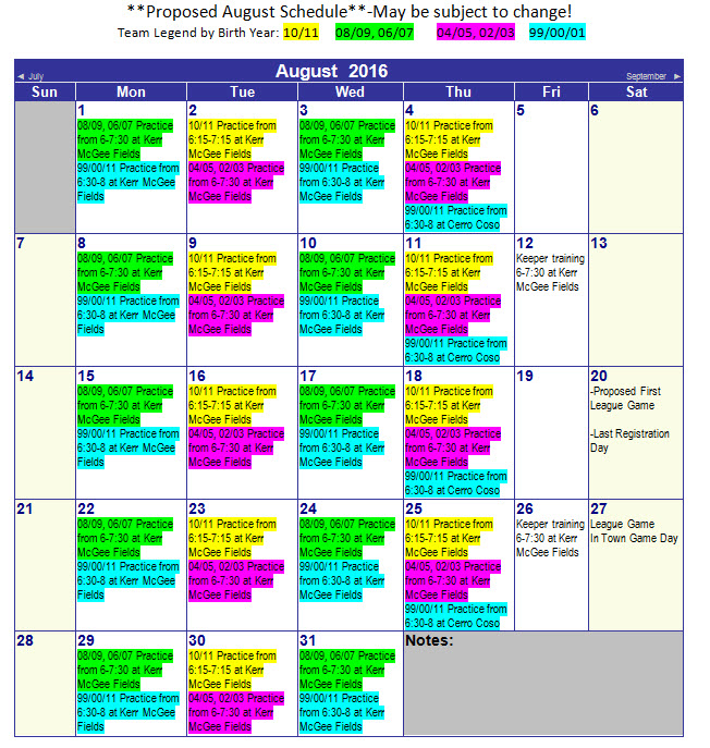 August Schedule