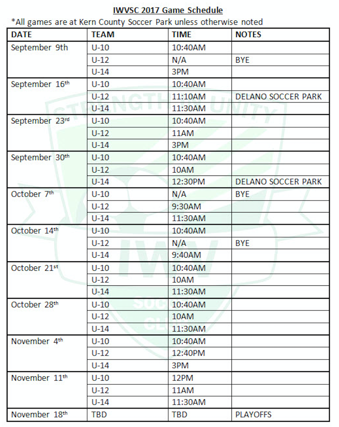 2017 Fall Game Schedule